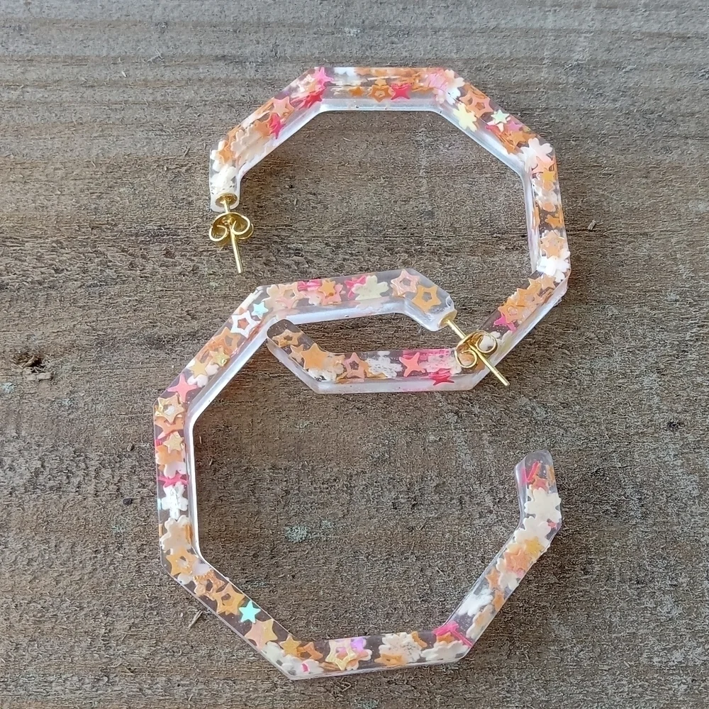 Coral, orange and yellow geometric resin hoop earrings
